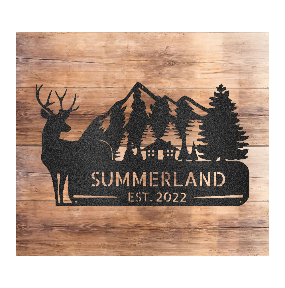 Deer in the Mountains Cabin Personalized Steel Sign