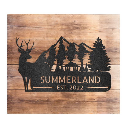 Deer in the Mountains Cabin Personalized Steel Sign