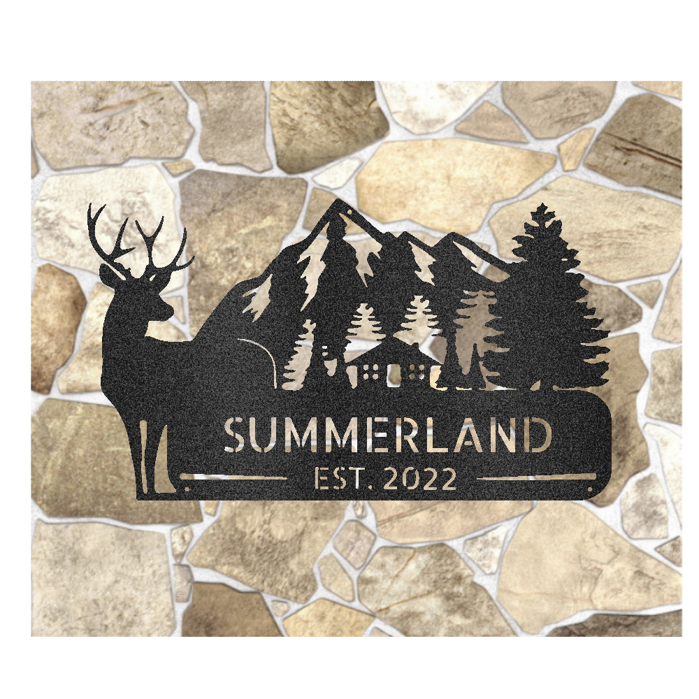 Deer in the Mountains Cabin Personalized Steel Sign