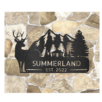 Deer in the Mountains Cabin Personalized Steel Sign